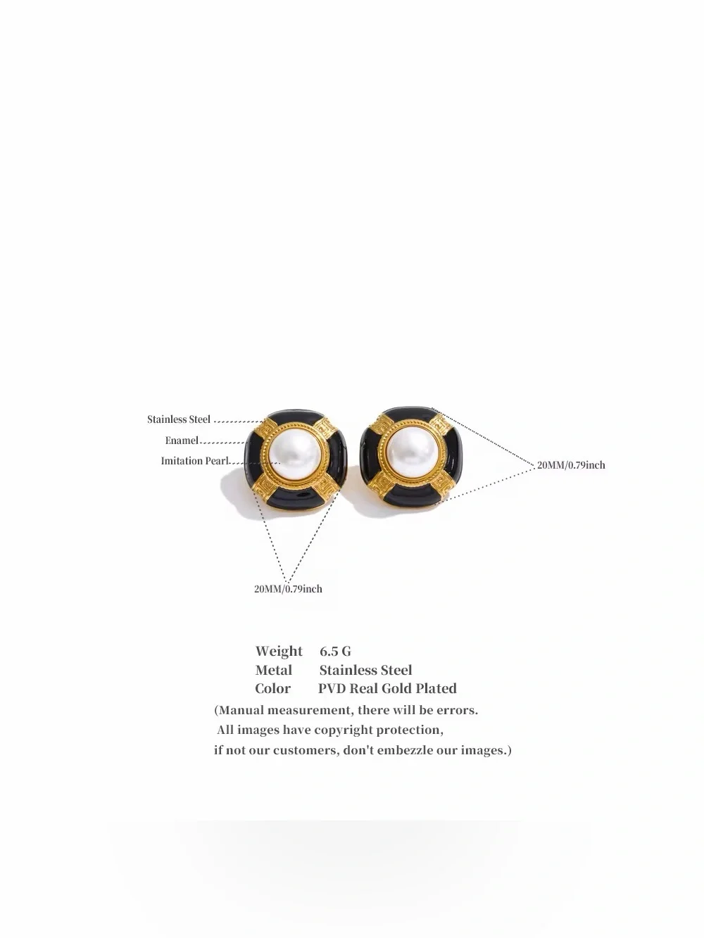 Vintage Black Enamel & Pearl Stud Earrings – PVD Gold Plated Stainless Steel - Picture 2 of 6